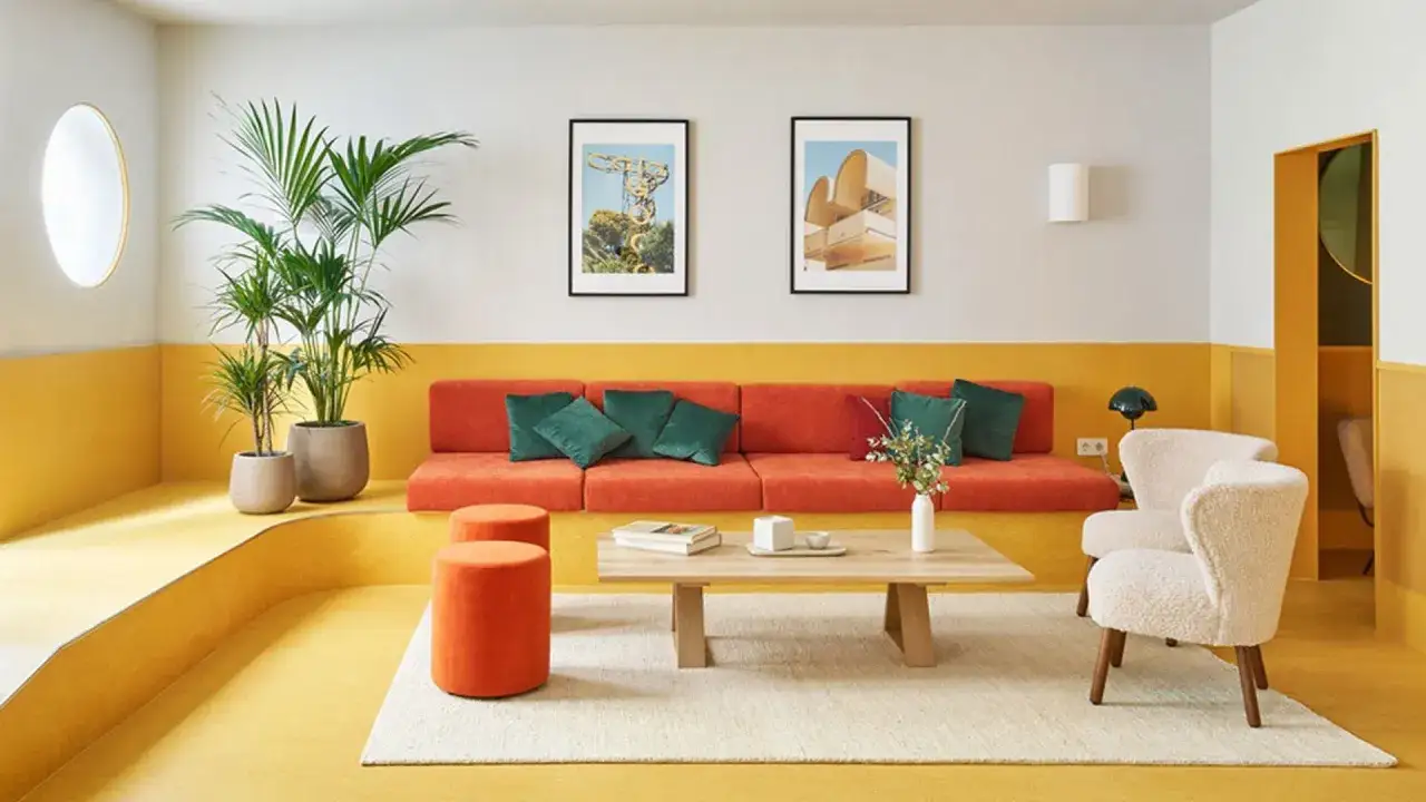 Sal&oacute;n moderno con sof&aacute;s naranjas, plantas y **suelos de lin&oacute;leo** amarillos.