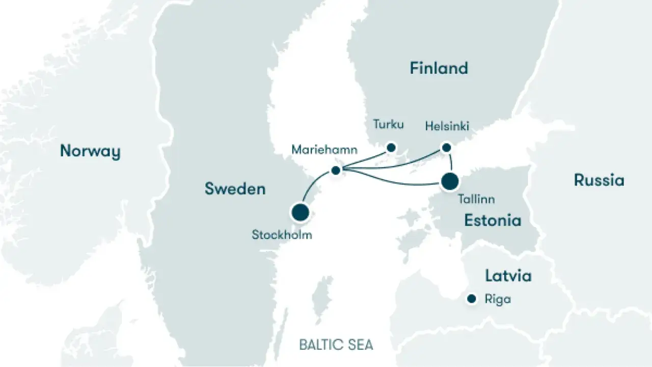 Mapa szlaków promowych: Sztokholm, Tallinn, Helsinki, Turku, Mariehamn. Podróż po Bałtyku.