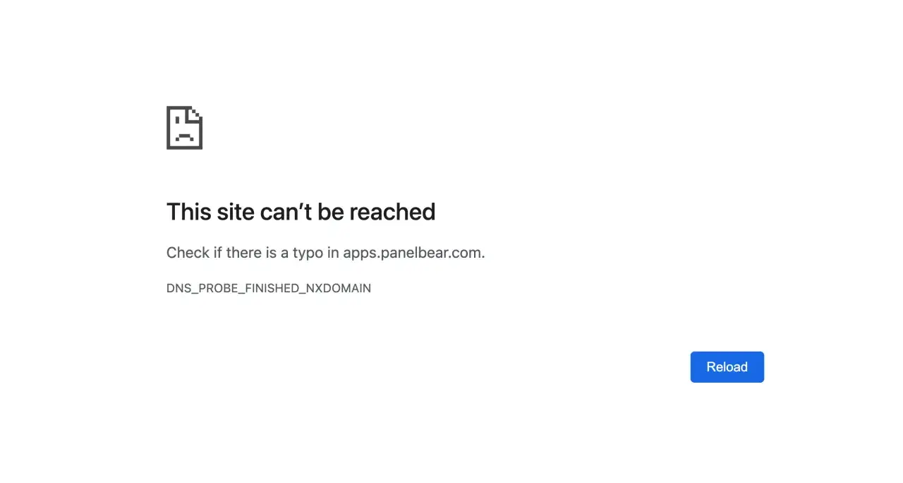 Błąd połączenia: DNS_PROBE_FINISHED_NXDOMAIN. Strona apps.panelbear.com nie odpowiada.