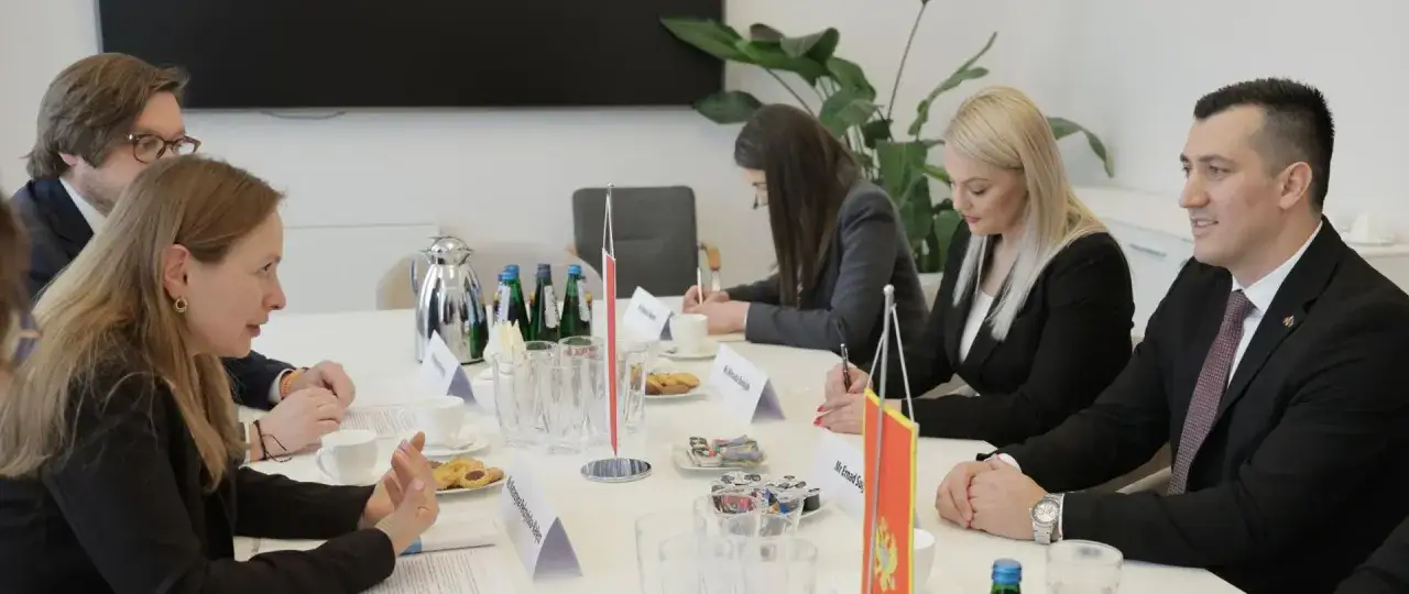Spotkanie biznesowe, na stole mała flaga Czarnogóry. Czy Czarnogóra jest w UE? Dyskusja trwa.