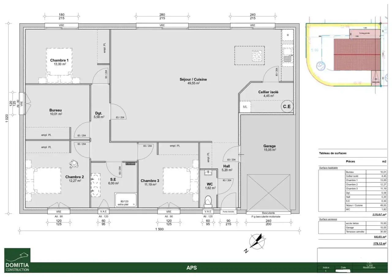 Plan maison plain-pied 3 chambres avec garage et cellier. Idéal pour une famille, ce plan offre espace et fonctionnalité.