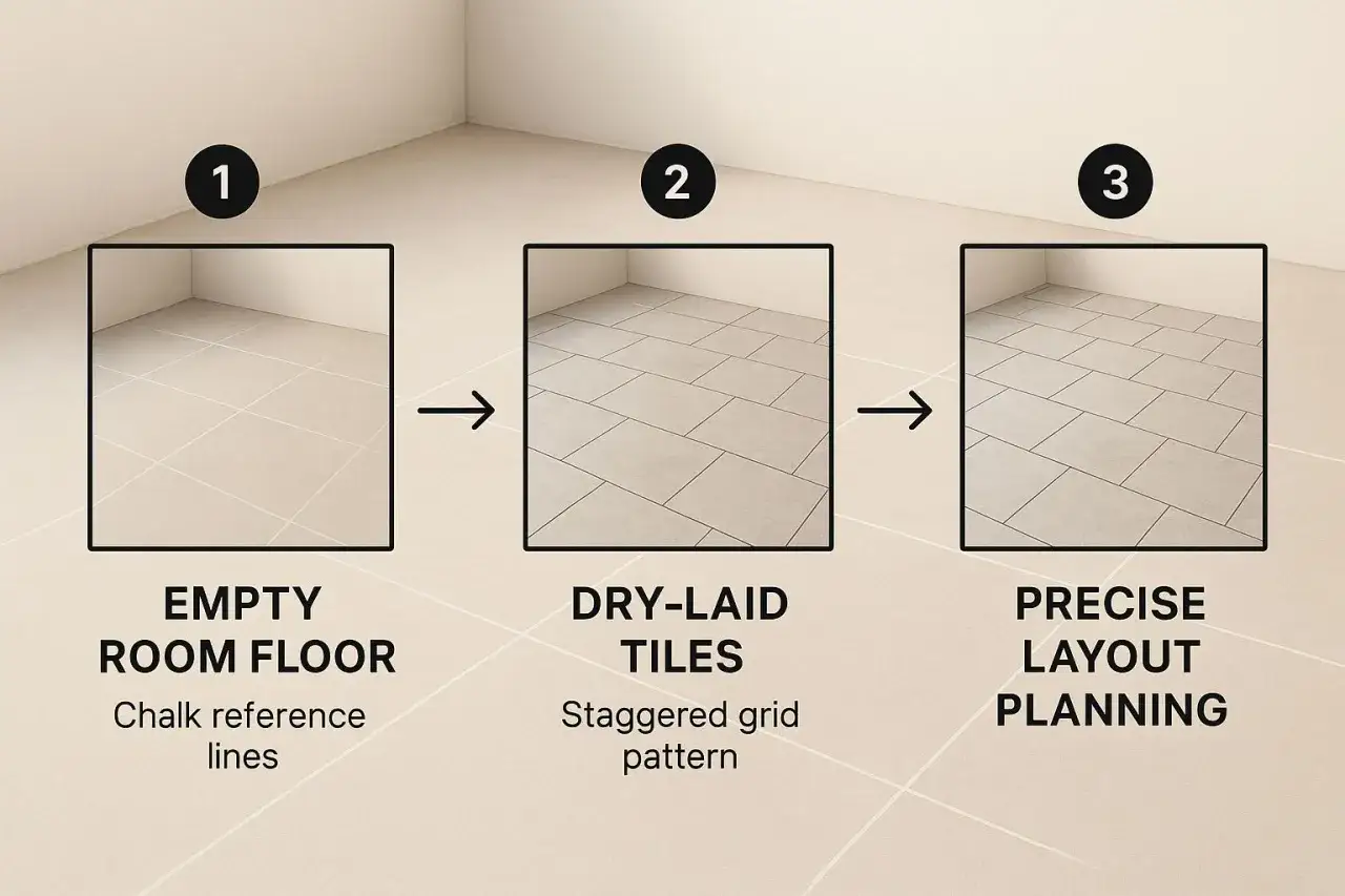 Steps for tile floor installation: empty room with chalk lines, dry-laid tiles in a staggered pattern, and precise layout planning.