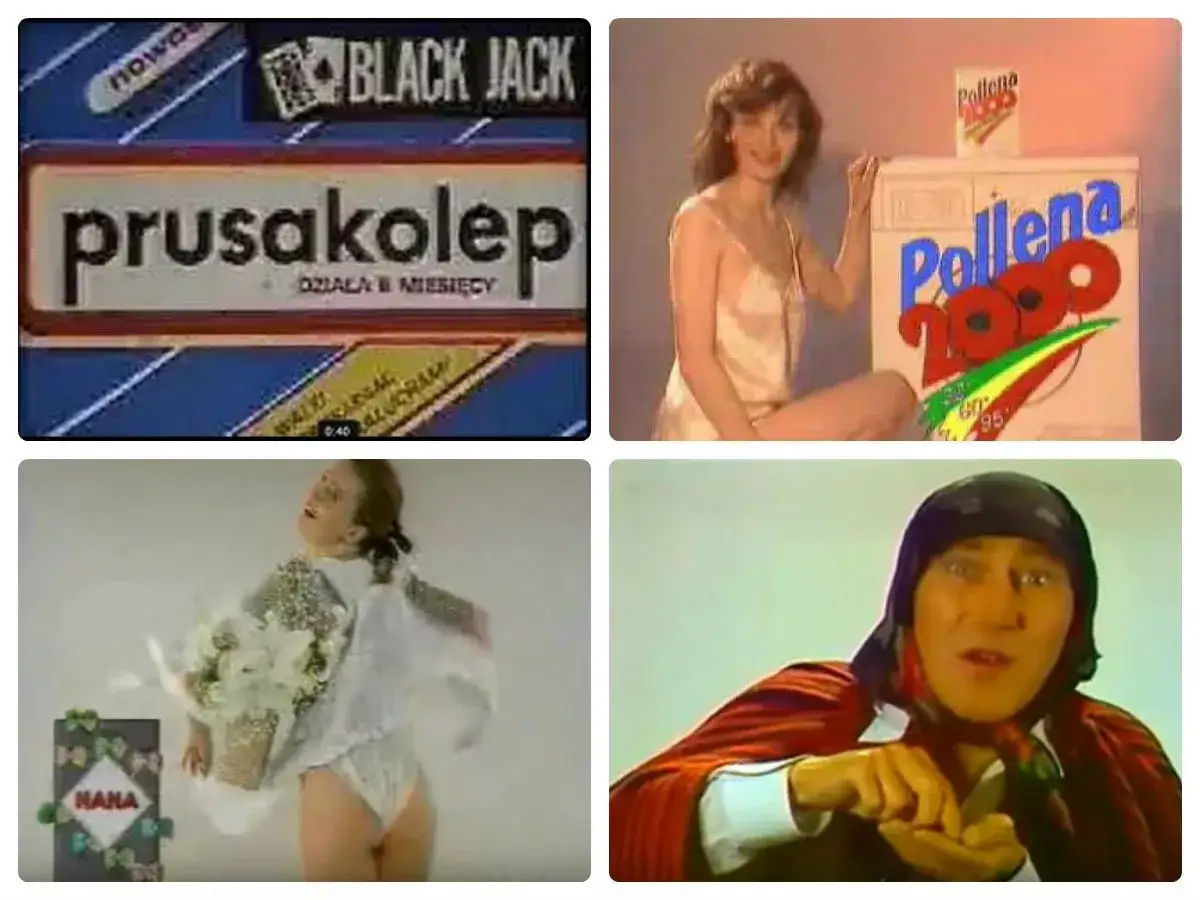 Kolaż z pierwsza reklama w Polsce: