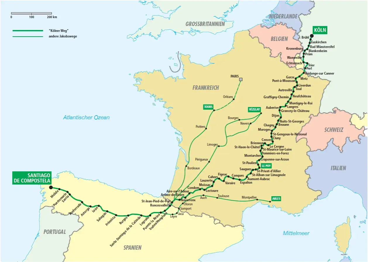 Karte zeigt den Jakobsweg von Köln nach Santiago de Compostela. Der