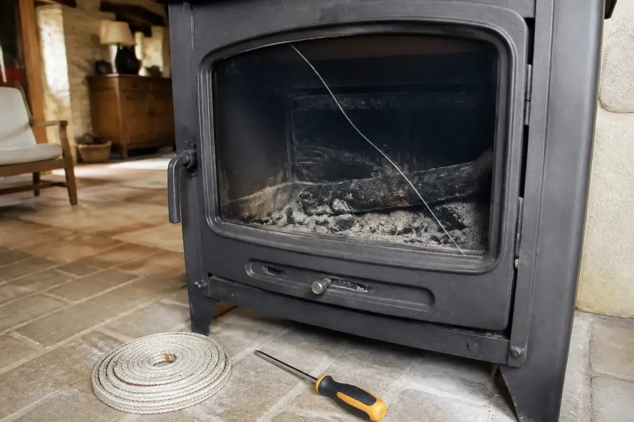 Pr&eacute;paration pour changer une vitre de po&ecirc;le &agrave; bois : une nouvelle corde d'&eacute;tanch&eacute;it&eacute; et un tournevis sont pr&ecirc;ts &agrave; c&ocirc;t&eacute; de la porte du po&ecirc;le dont la vitre est fissur&eacute;e.
