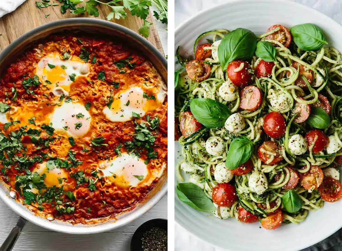Dwa pyszne dania na obiad bez mięsa: shakshuka z jajkami w sosie pomidorowym i makaron cukiniowy z pomidorkami i mozzarellą.