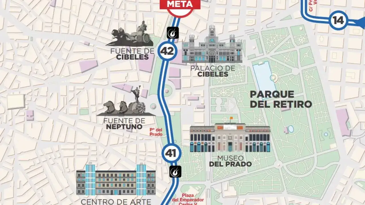 Mapa del marat&oacute;n Madrid 2026: meta cerca del Palacio de Cibeles, pasando por Fuentes de Cibeles y Neptuno, y el Parque del Retiro.
