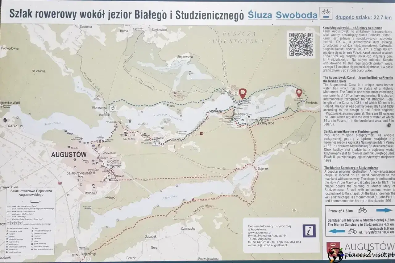 Mapa szlaków rowerowych wokół jezior Białego i Studzienicznego, w tym trasy rowerowe Augustów.