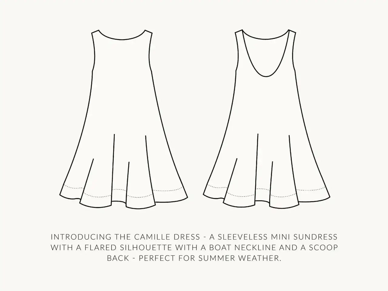 Two line drawings of a sleeveless mini sundress, perfect for a DIY summer dress project.