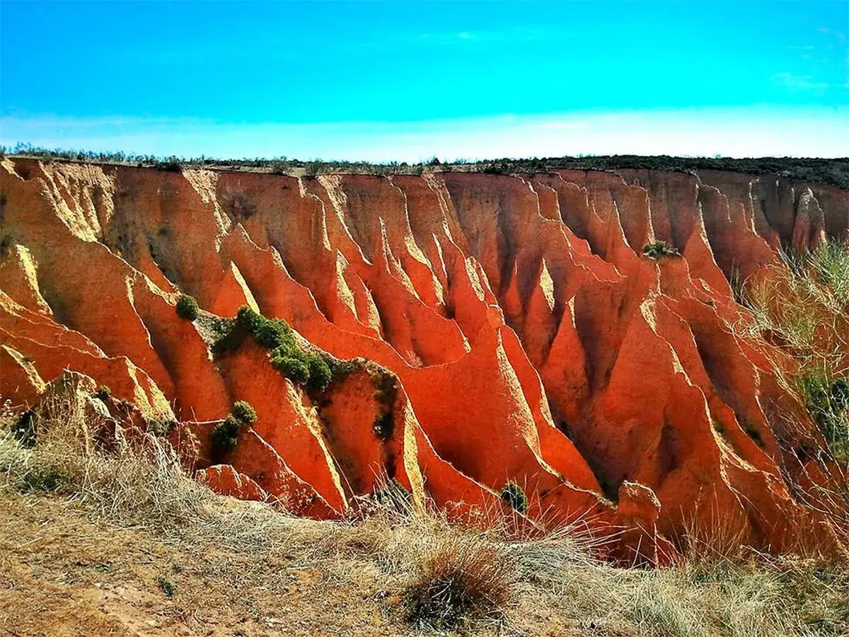 Impresionantes **carcavas** de tierra rojiza erosionada por el viento y el agua, con vegetaci&oacute;n escasa bajo un cielo azul intenso.