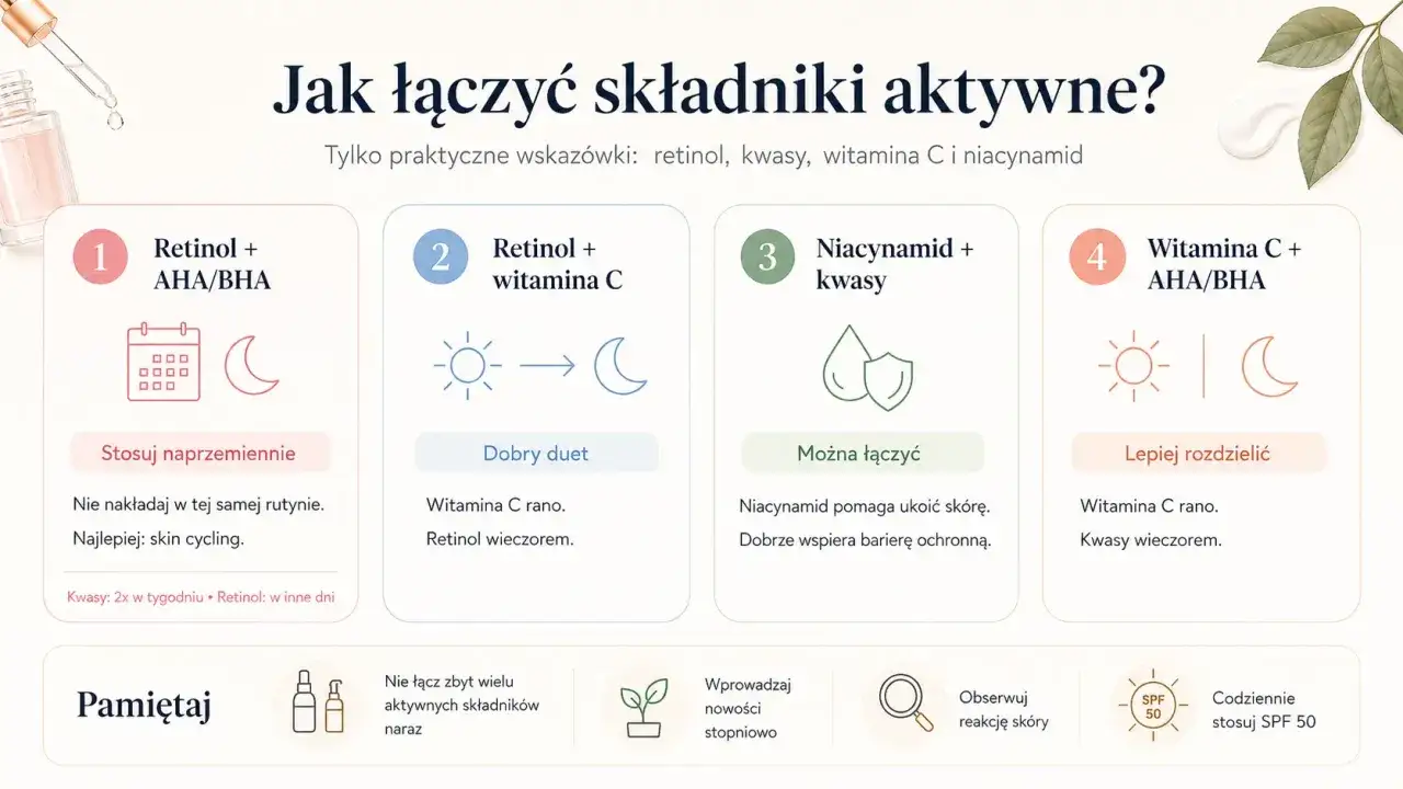 Z czym nie łączyć witaminy C? Unikaj łączenia witaminy C z kwasami AHA/BHA w tej samej rutynie pielęgnacyjnej. Lepiej rozdzielić je na różne pory dnia.