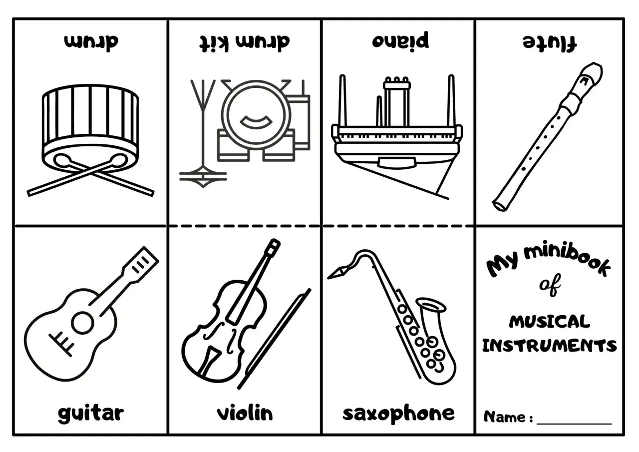Kolorowanka instrumenty muzyczne karty pracy: bęben, perkusja, fortepian, flet, gitara, skrzypce, saksofon.