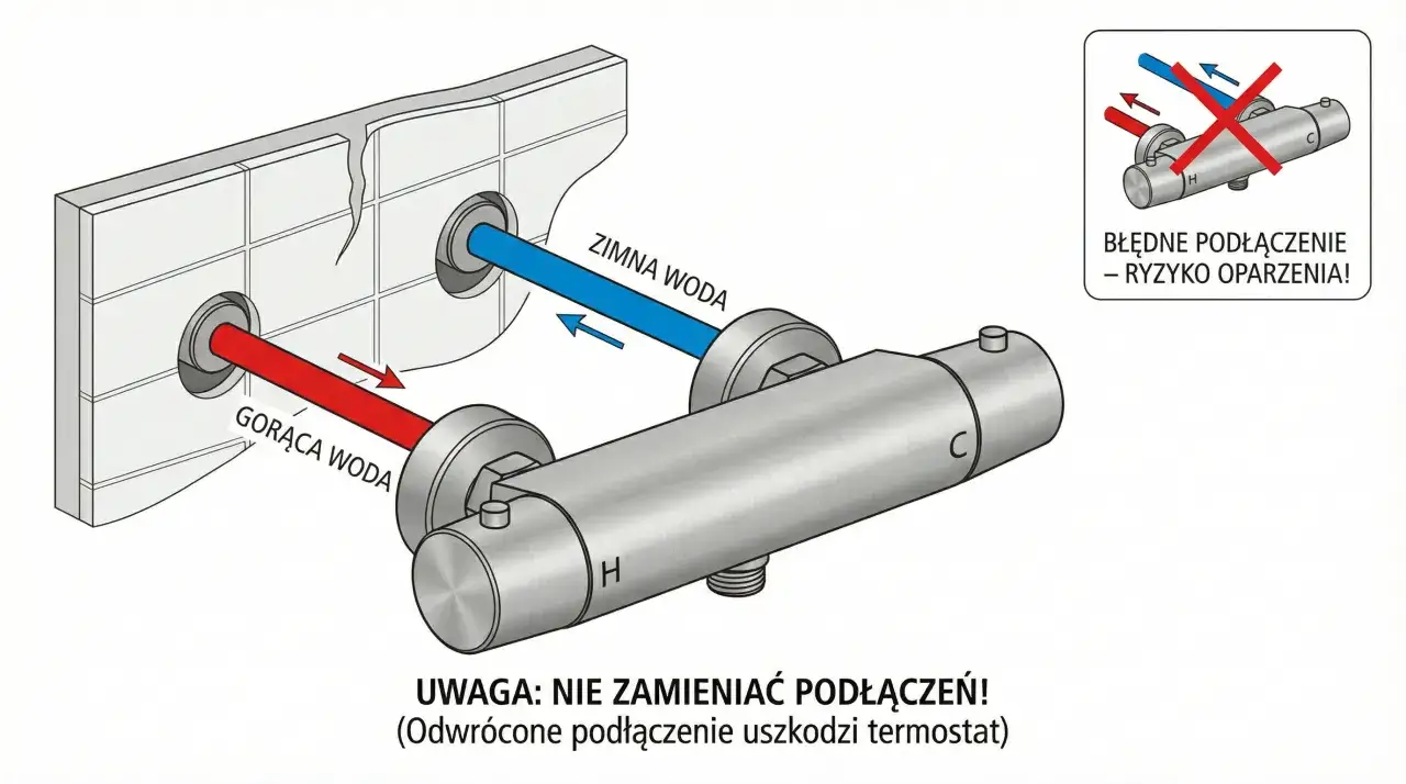 Schemat podłączenia baterii termostatycznej: gorąca woda (czerwona) i zimna (niebieska) muszą być podłączone prawidłowo, by uniknąć oparzeń.
