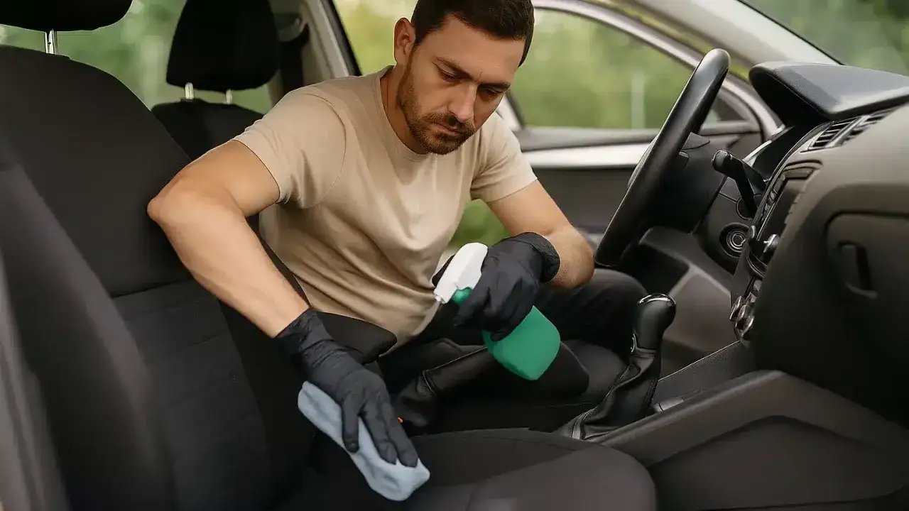 Uomo con guanti neri pulisce interni auto con spray e panno.