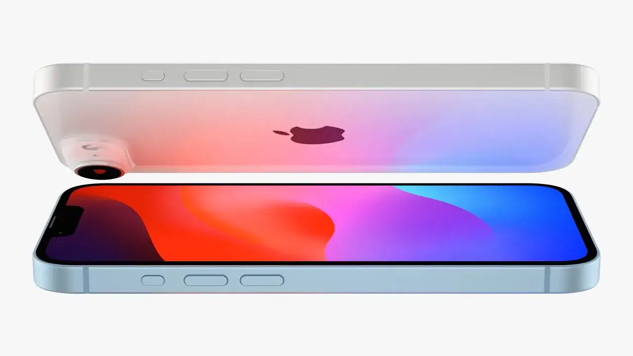 Dwa telefony iPhone SE 4 w kolorze niebieskim i białym z gradientowym tłem.