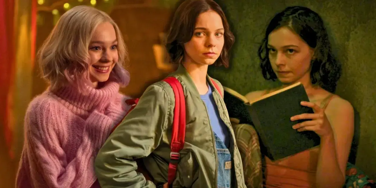 Emma Myers w różowym swetrze, w kurtce z plecakiem i z książką. Jej filmy, seriale i programy to świetna rozrywka.