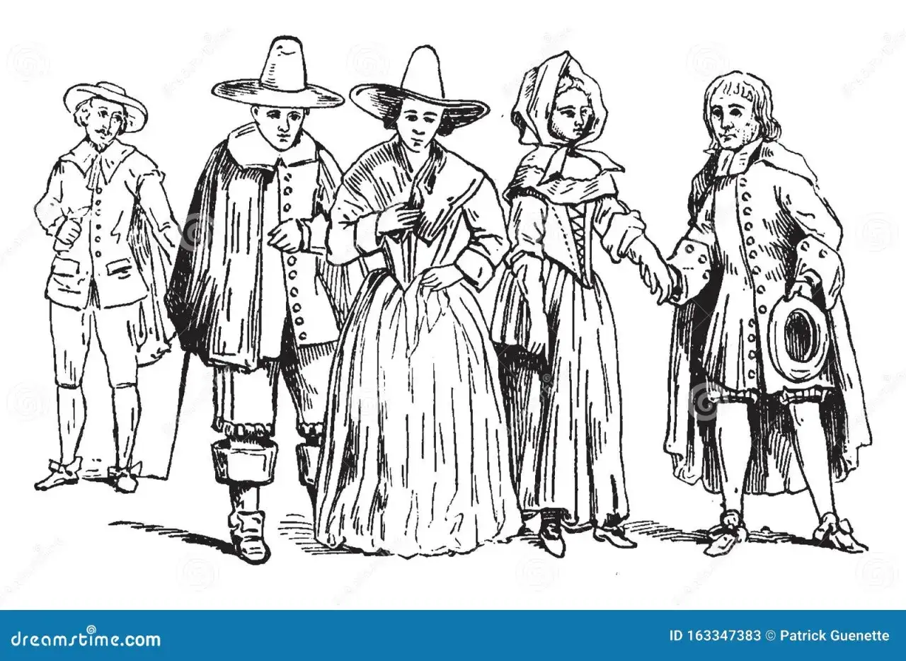 Fünf Personen in Kleidung des Puritanismus, mit Hüten und langen Mänteln.
