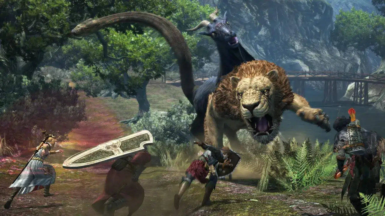 Wojownicy walczą z lwim potworem i wężem w lesie, jak w Dragons Dogma Online.