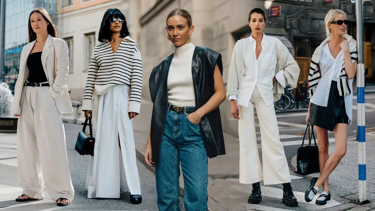 Five women showcase stylish monochrome outfits, from flowing white skirts to chic beige suits and edgy leather vests.