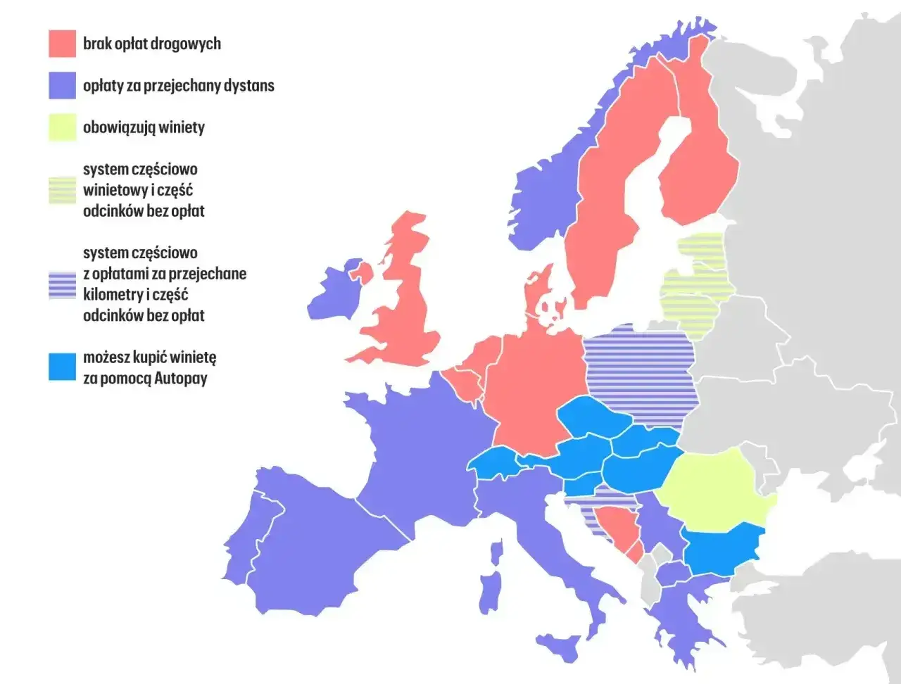 Mapa Europy z systemami opłat drogowych. Winieta to opłata za korzystanie z dróg, często w formie naklejki.