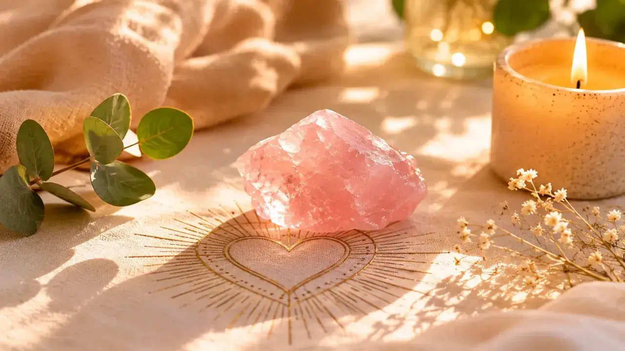 Un cuarzo rosa sobre un coraz&oacute;n dorado, rodeado de eucalipto y una vela encendida. Descubre c&oacute;mo usar el cuarzo rosa para atraer el amor.