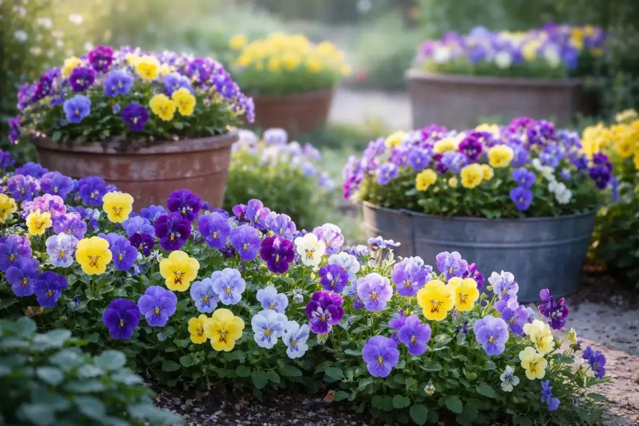 Bunte, winterharte Hornveilchen blühen in Töpfen und am Boden. Lila, blau und gelbe Blüten leuchten im sanften Licht.