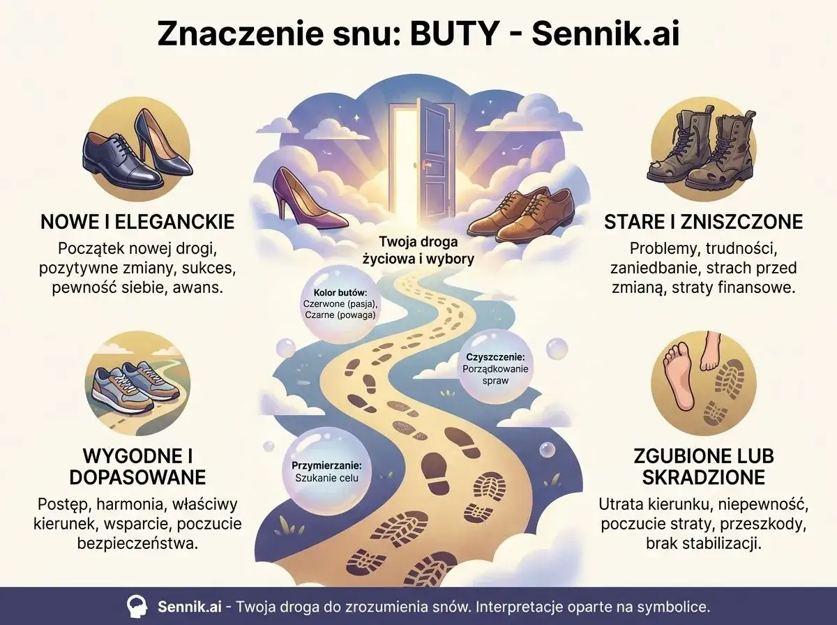 Sen o szukaniu buta do pary symbolizuje poszukiwanie celu i harmonii. R&oacute;żne rodzaje obuwia we śnie wskazują na nowe drogi, problemy lub potrzebę porządkowania spraw.