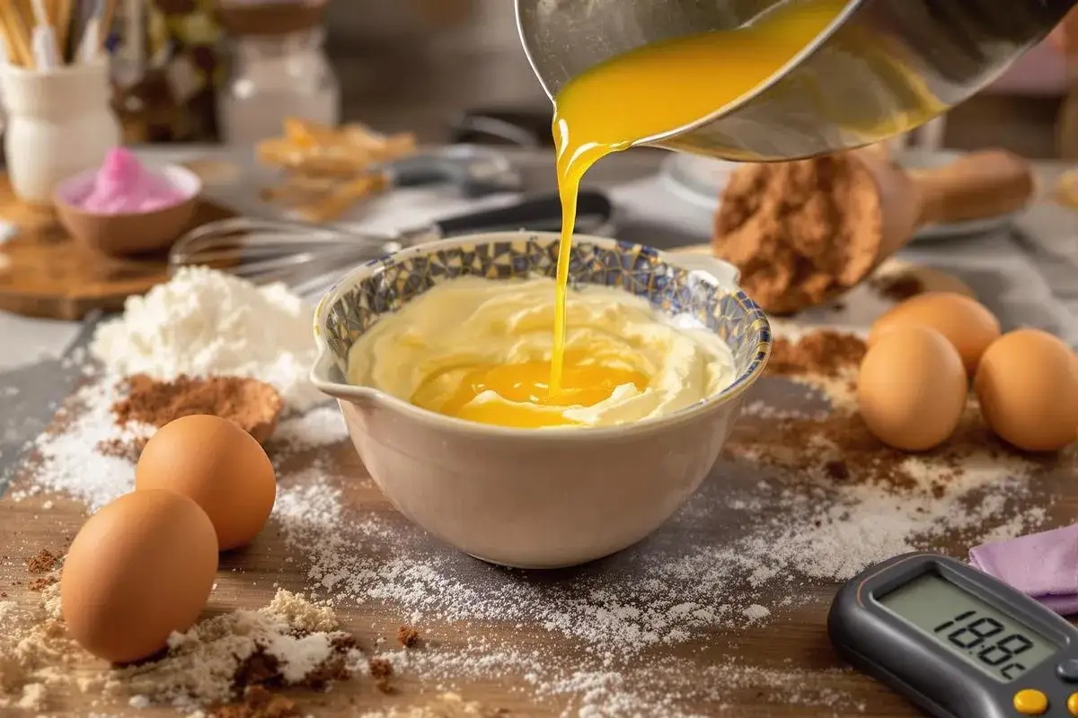 Pr&eacute;paration d'une p&acirc;te &agrave; bombe : du beurre fondu est vers&eacute; dans un bol de cr&egrave;me. Des &oelig;ufs, de la farine et du cacao sont dispos&eacute;s autour.