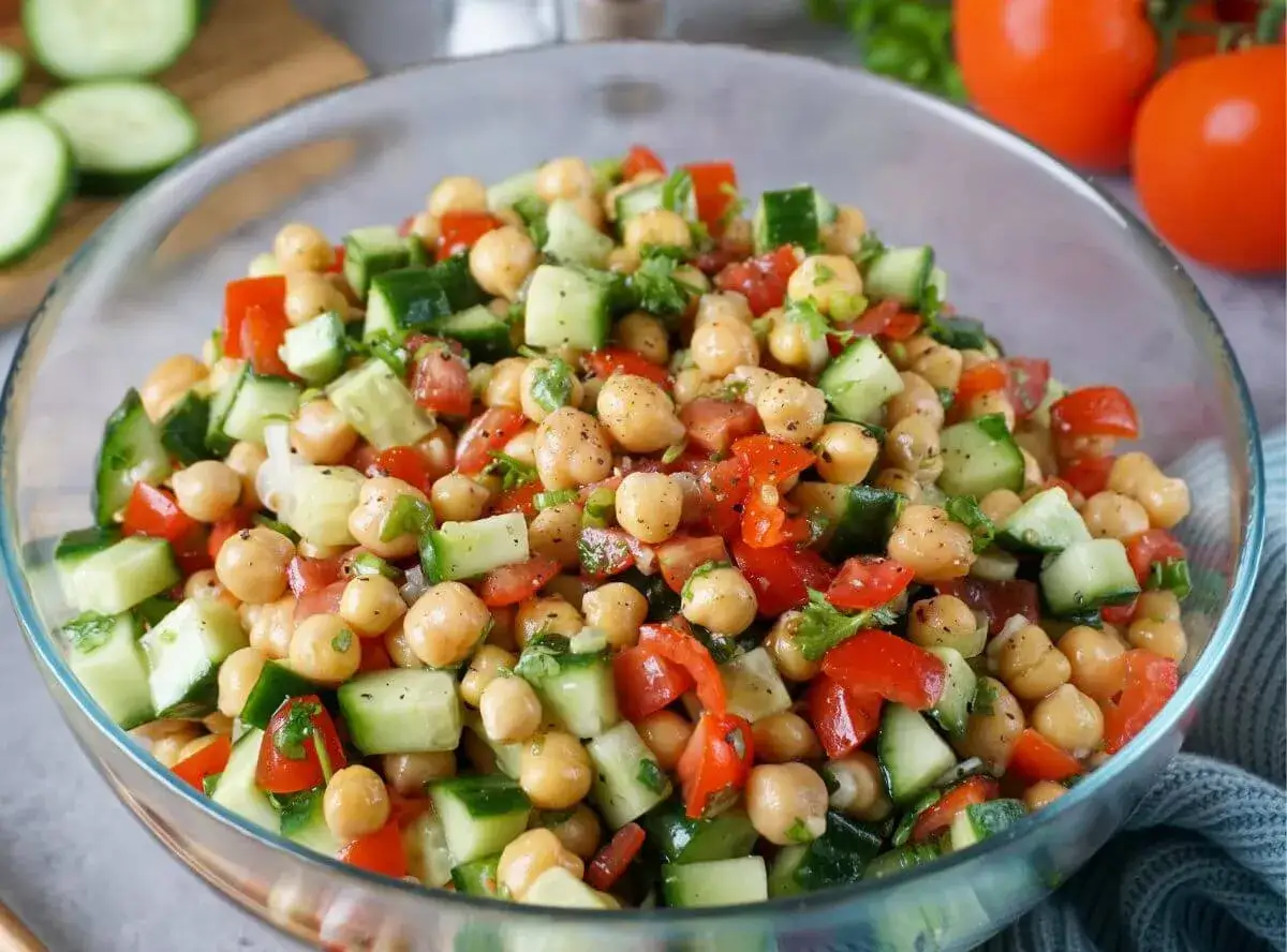 Frischer Kichererbsensalat mit Gurken und Tomaten. Perfekt als Beilage oder leichtes Hauptgericht. Was passt zu Kichererbsensalat? Vieles!
