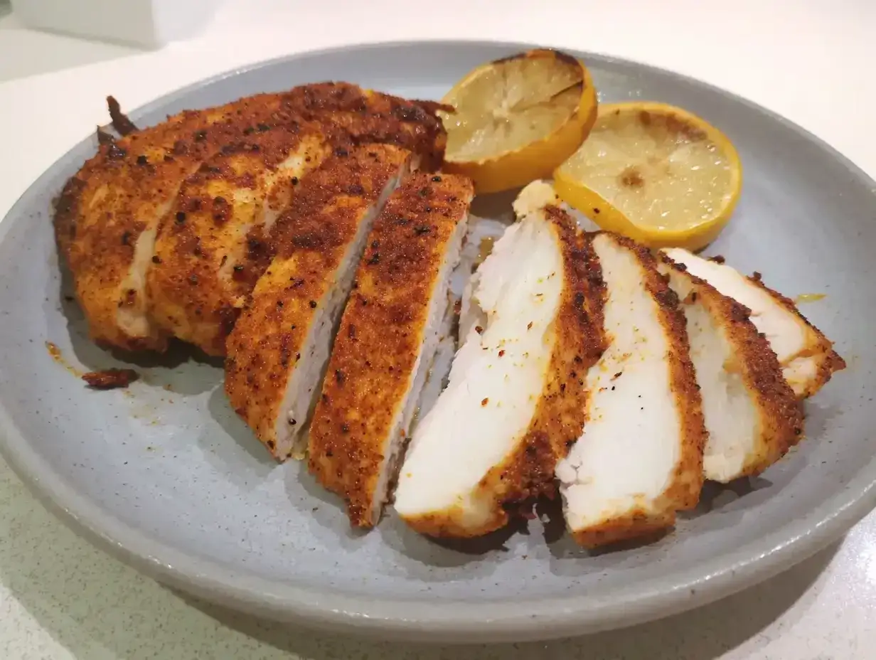 Saftig kyckling i airfryer, skivad och serverad med grillade citronklyftor. Perfekt för en snabb och god middag.