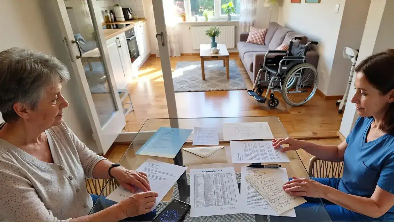 Beratungseinsatz bei Pflegegrad 2: Zwei Frauen besprechen Dokumente an einem Glastisch. Im Hintergrund ein Rollstuhl und eine K&uuml;che.