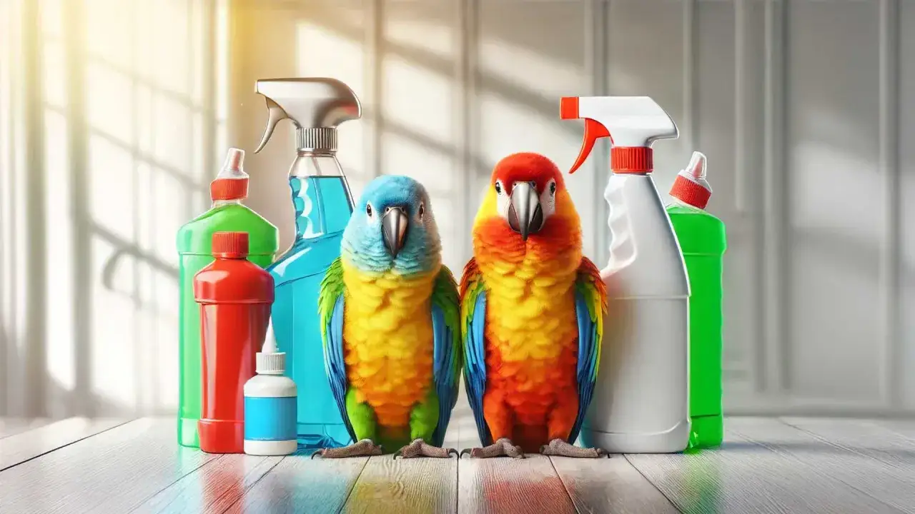 Due pappagalli colorati tra flaconi di detersivi. Attenzione, i pappagalli in casa portano malattie se non si presta cura all'igiene.