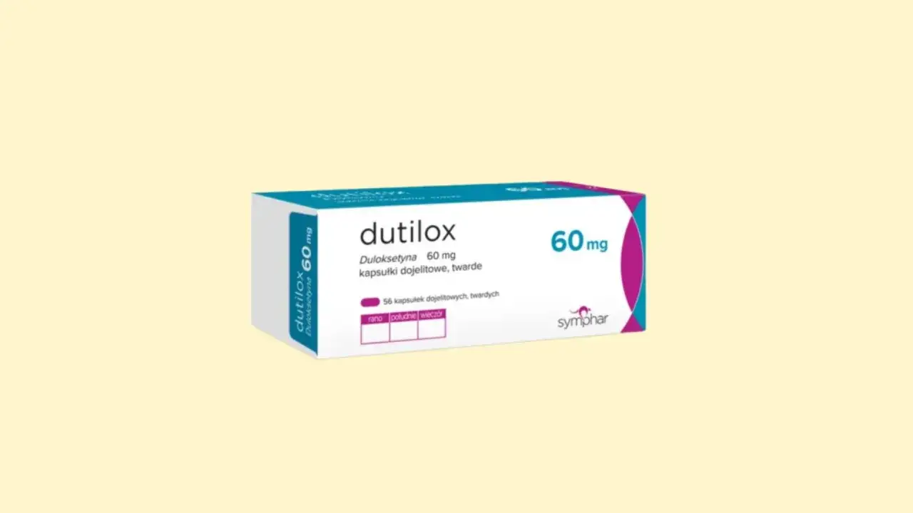Opakowanie leku Dutilox 60 mg, zawierające 56 kapsułek dojelitowych.