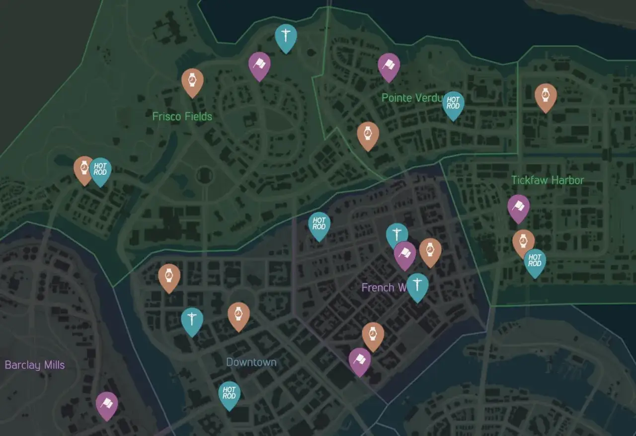 Mapa Mafia 3 z zaznaczonymi Hot Rodami i punktami do zdobycia. Playboy szukał tu swoich ulubionych aut.