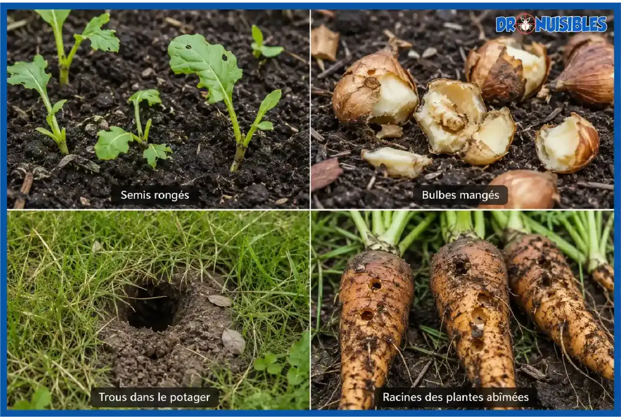 Les mulots du jardin ont rongé des semis, des bulbes, creusé des trous et abîmé des racines de carottes.