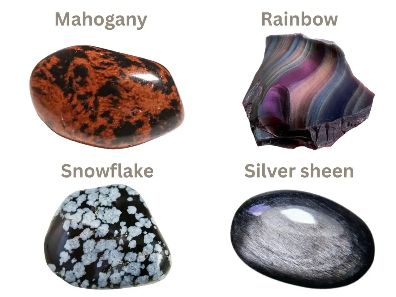 Vier Obsidian-Varianten: Mahagoni, Regenbogen, Schneeflocke und Silberglanz. Obsidian fand vielfältige Verwendung, von Werkzeugen bis Schmuck.