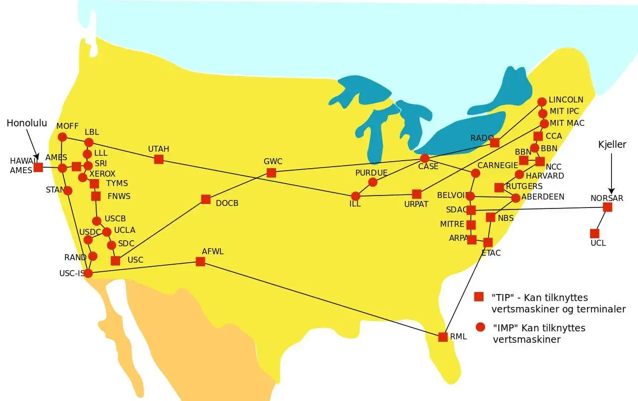 Karte des frühen Internets (ARPANET) mit Verbindungen zwischen Universitäten und Forschungseinrichtungen. Der internet anfang war ein komplexes Netzwerk.