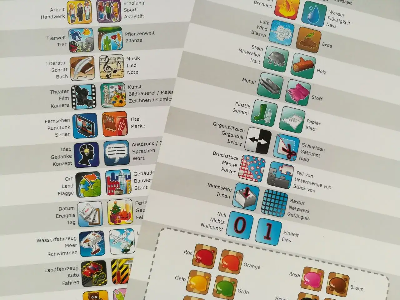 Spielkarten mit Symbolen f&uuml;r ein Konzept-Spiel: Handwerk, Tierwelt, Musik, Kunst, Fahrzeuge, Zahlen und Farben.