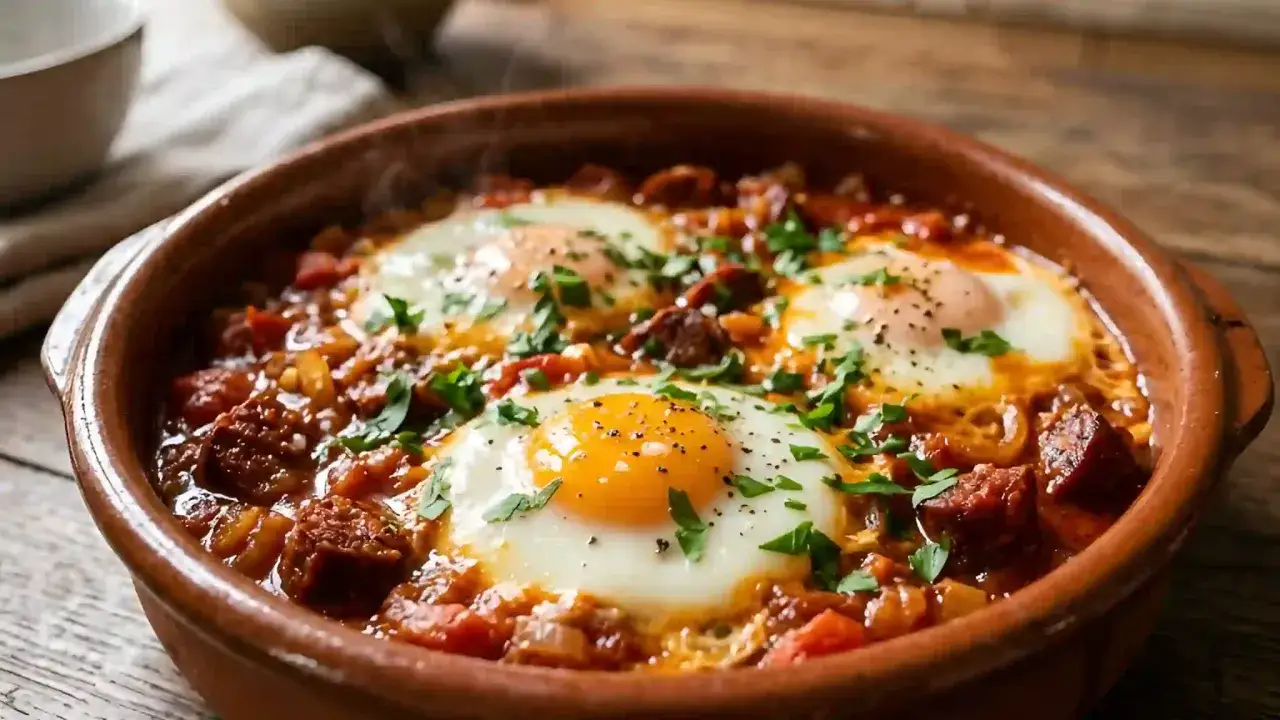Un plat r&eacute;confortant d'oeuf chorizo, avec des &oelig;ufs poch&eacute;s dans une sauce tomate &eacute;pic&eacute;e et des morceaux de chorizo, garni de persil frais.