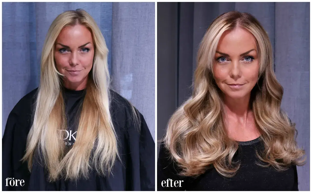 Före och efterbild på en kvinna med blont hår. Håret har fått en varmare ton och volym efter blekning hemma.