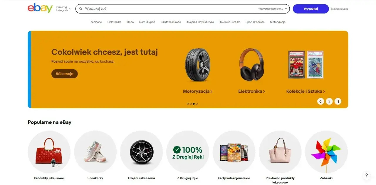 Strona główna eBay, popularne **platformy sprzedażowe**. Znajdziesz tu wszystko: od motoryzacji po kolekcje i sztukę.