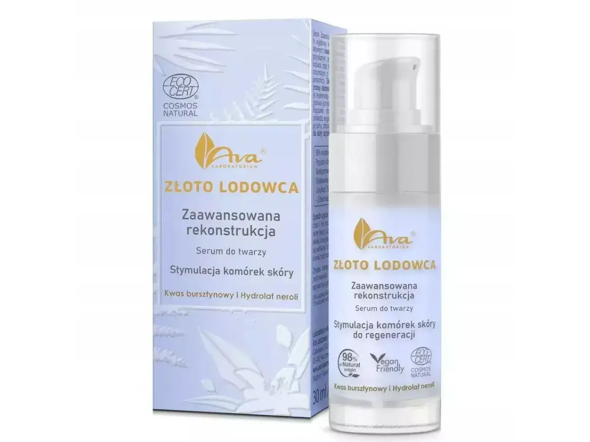 Serum do twarzy Złoto Lodowca z kwasem bursztynowym i hydrolatem neroli, stymulujące komórki skóry do regeneracji. ECO CERT COSMOS NATURAL.