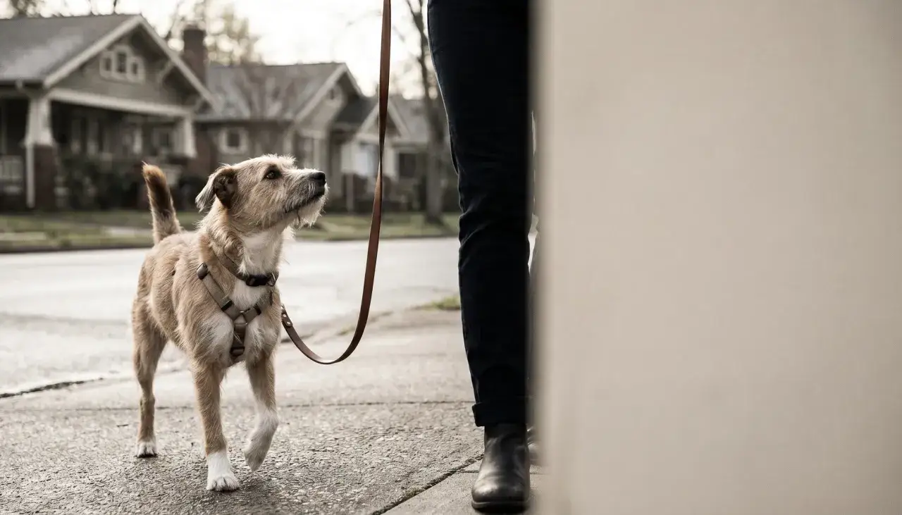 Ein brauner Hund mit Geschirr und Leine blickt aufmerksam nach oben. Ein Mensch steht daneben. Gutes Hunde Training beginnt mit Aufmerksamkeit.