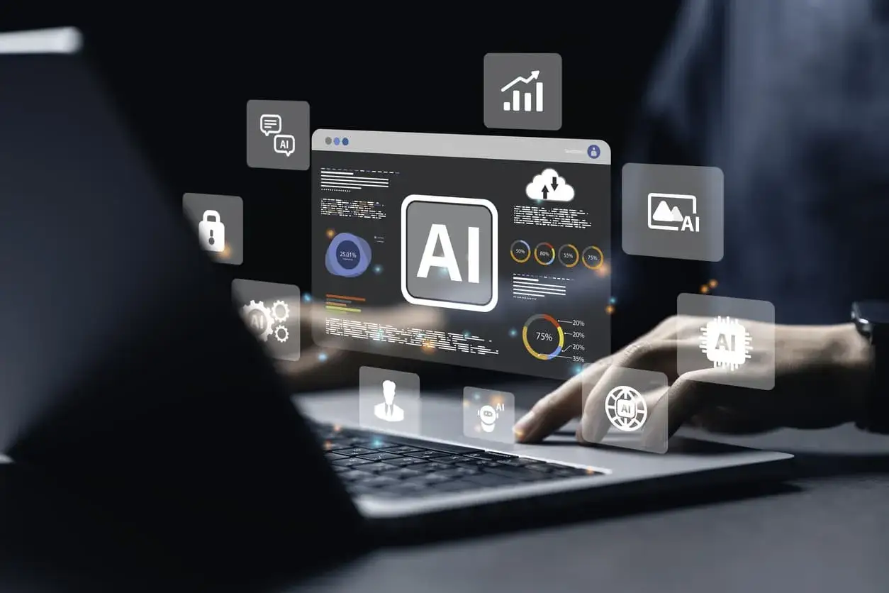 Interfaz de ordenador mostrando gr&aacute;ficos y el logo de IA, destacando los beneficios de la IA en an&aacute;lisis y automatizaci&oacute;n.