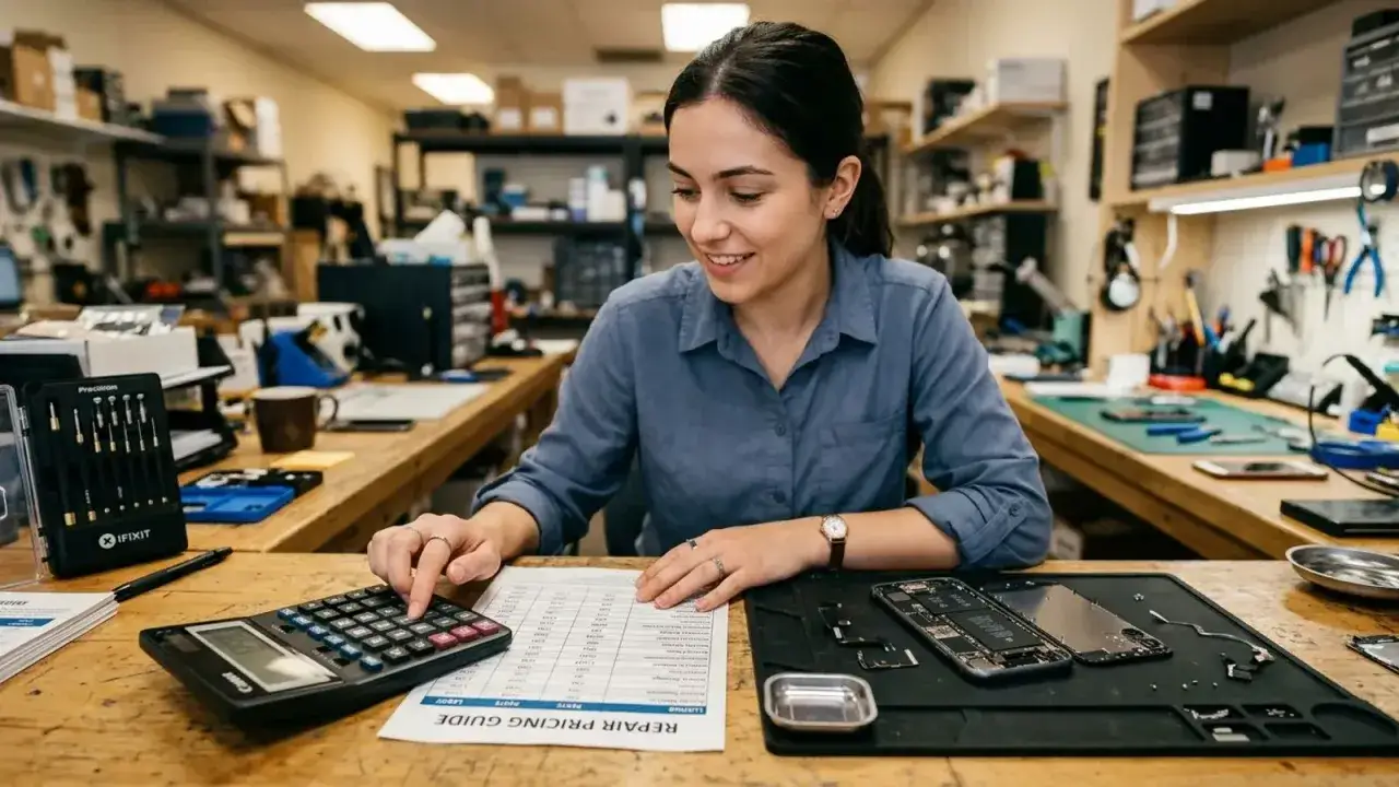 T&eacute;cnico revisa precios para reparar un m&oacute;vil reacondicionado. En su mesa, herramientas, calculadora y un tel&eacute;fono abierto.