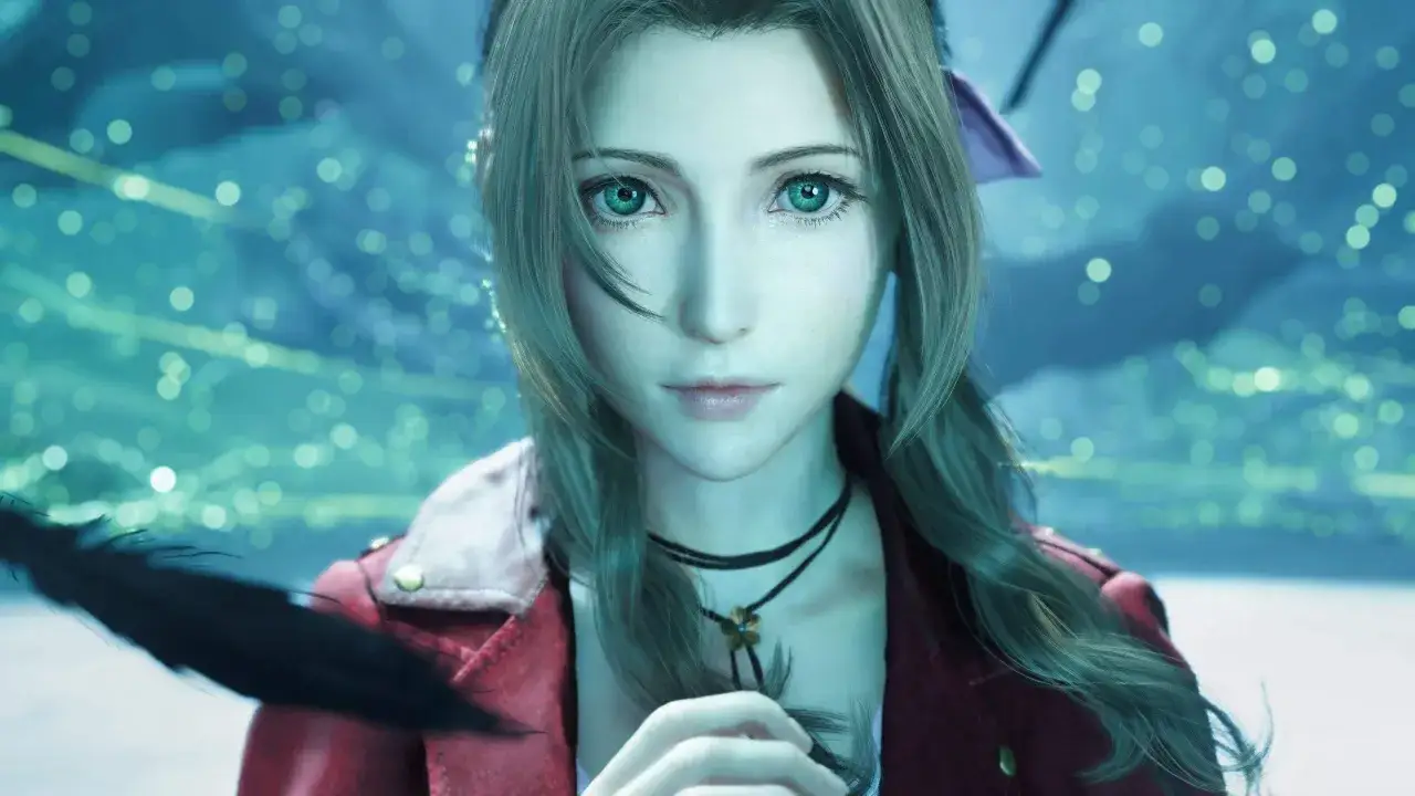 Aerith z Final Fantasy 7 Remake PC z zielonymi oczami i w czerwonej kurtce, w tle migoczące światła.