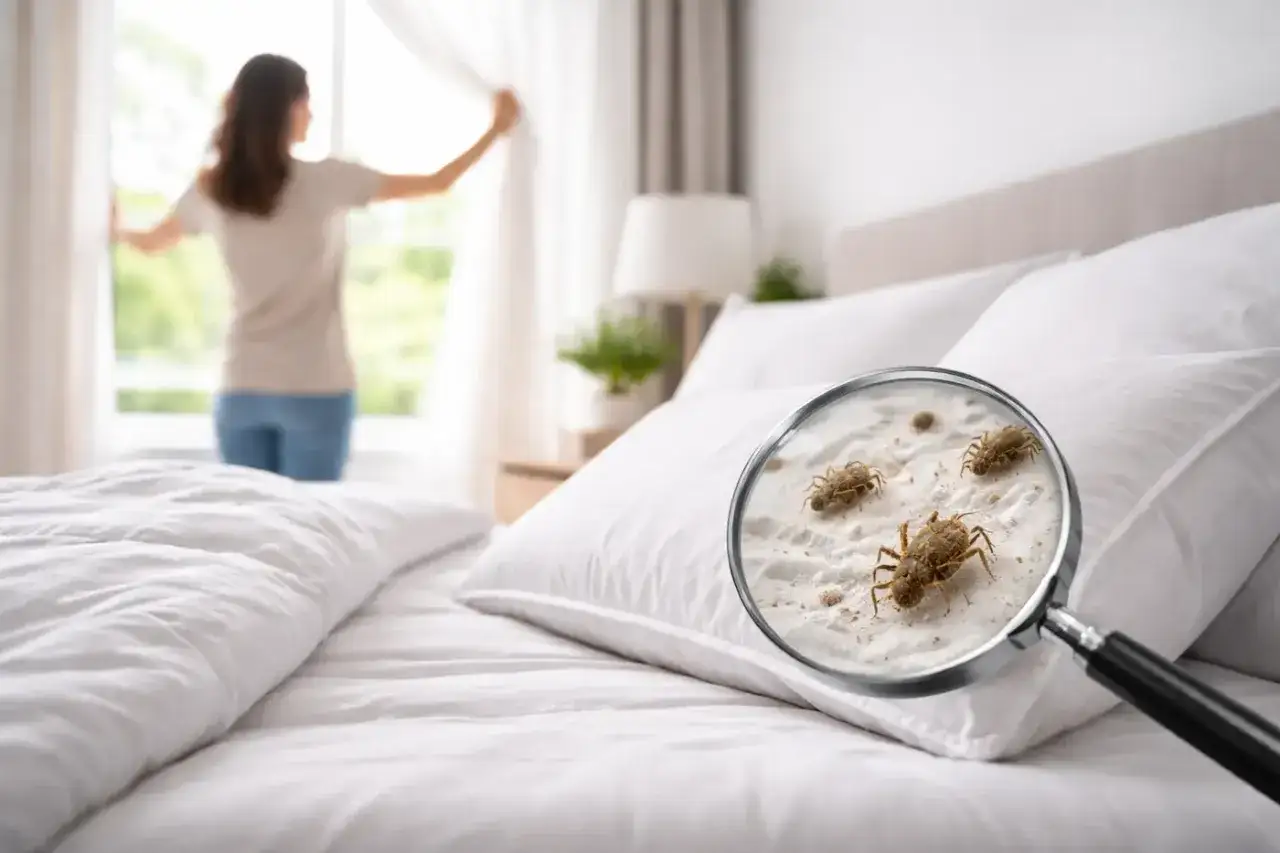 Primer plano de &aacute;caros en la cama bajo lupa, sugiriendo s&iacute;ntomas de alergia. Una mujer abre las cortinas en el fondo.