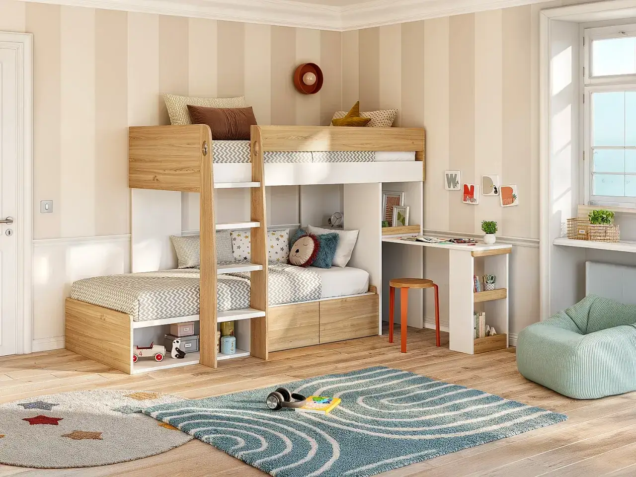 Zwei Betten übereinander, ideal für Geschwister, die sich ein **Kinderzimmer teilen**. Mit integriertem Schreibtisch und viel Stauraum.