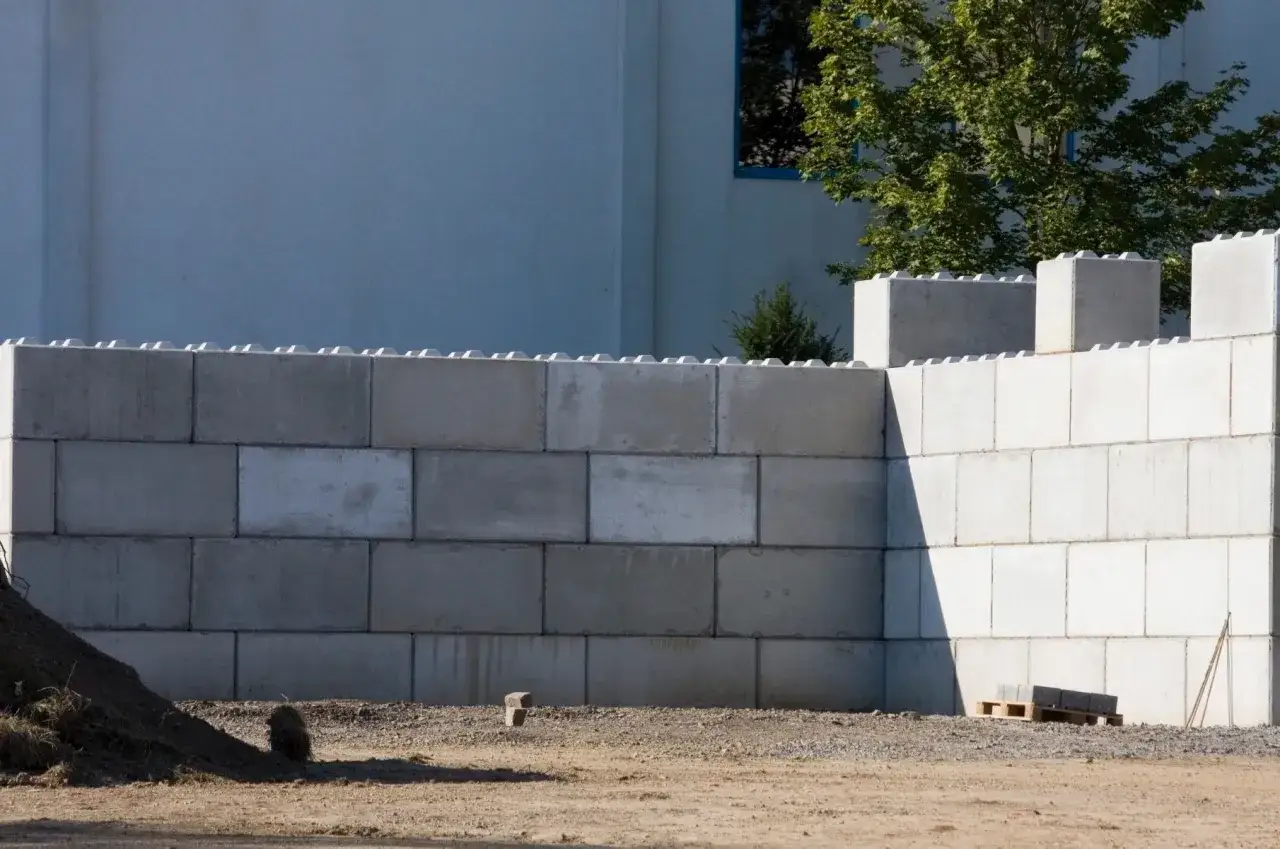 Duże, betonowe bloczki do budowy domu tworzą mur. W tle budynek i drzewo.