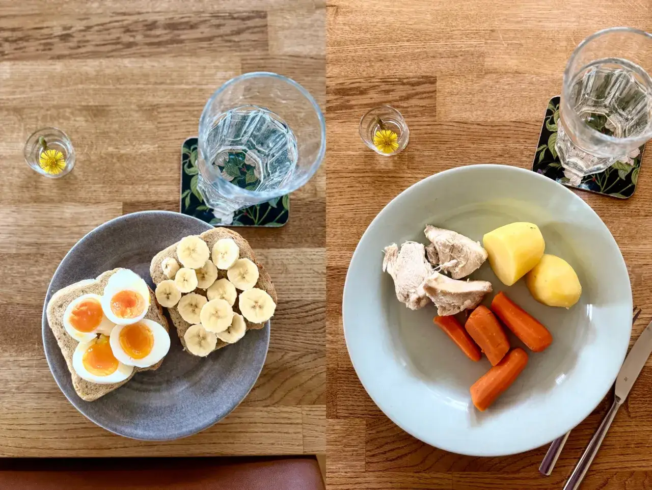 Två tallrikar med mat: en med ägg och banan på rostat bröd, den andra med kyckling, potatis och morötter. Perfekt för att återhämta sig från magsjuka.